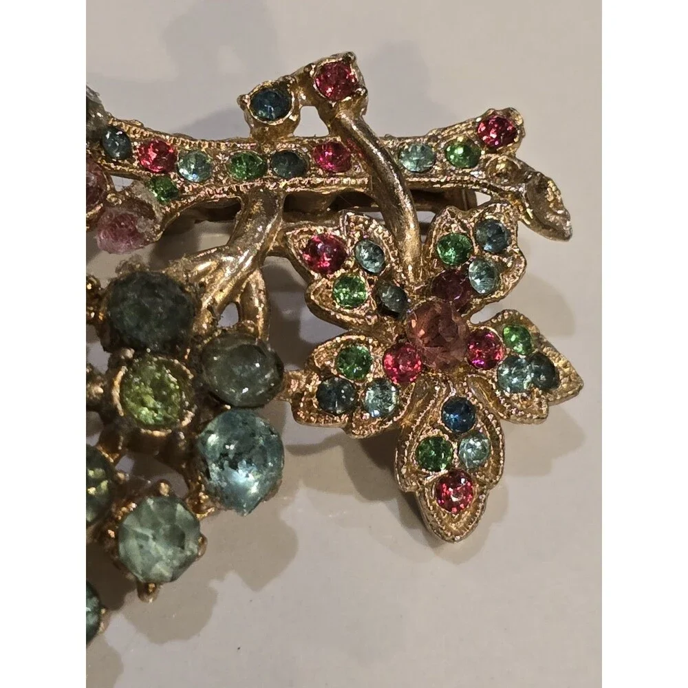 Vintage Fruit Salad Style Rhinestone Grape Floral Brooch Multicolor Pin #1398